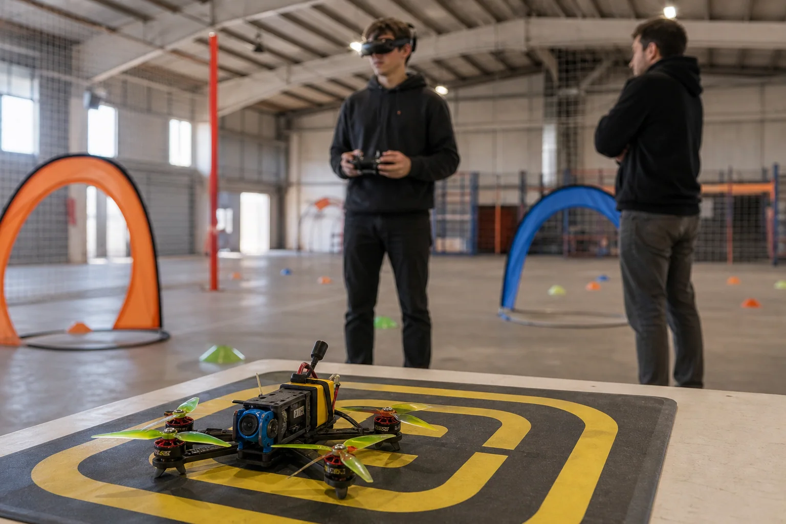 Тренировка пилота FPV-дрона на закрытой гоночной трассе